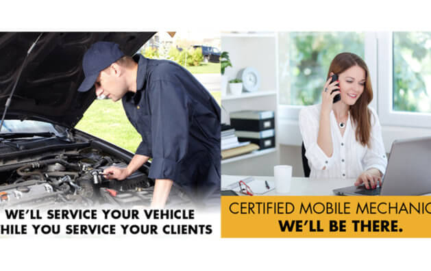 Mechanic repairing a car and receptionist answering a call