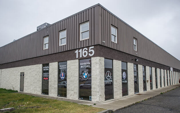 Outside view of Raybern Motors shop in Calgary, AB.