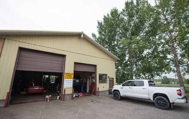 Entrance view of Zanella Auto Repair shop in De Winton, AB