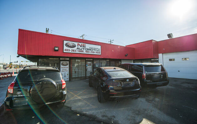 Outside view of Northeast Automotive shop in Calgary, AB.
