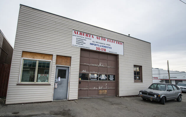 Outside the building, where Alberta Auto Electric's main entrance is located.
